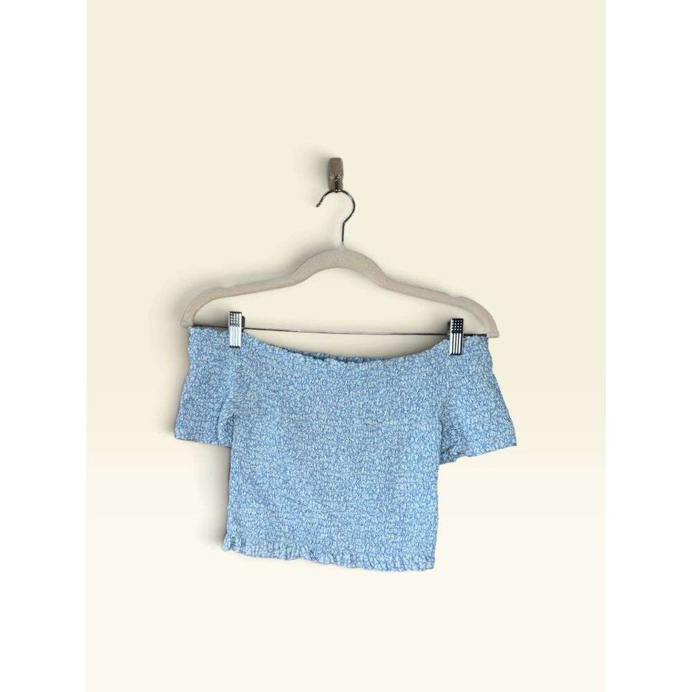 Wild Fable Blue White Smocked Off Shoulder Crop Top Short Sleeve
